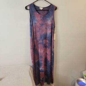 La Miel Tie Dye Side Slit Casual Lightweight Sleeveless Maxi Tank Red Blue Mediu